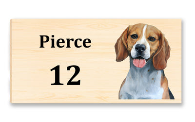 House Sign featuring a Beagle "oil painting" printed directly onto a 1" thick piece of solid Mountain Pine - just customize with your name and address, and celebrate your dog!