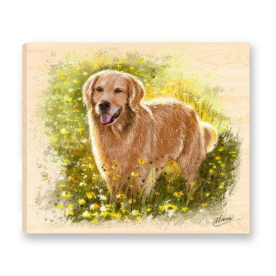 This splendid watercolor-style painting is of a Golden Retriever standing in a sun-dappled meadow. Printed on a solid piece of 14x12x1" Mountain Pine, the original painting is reproduced as a beautiful ready-to-hang work of fine art.