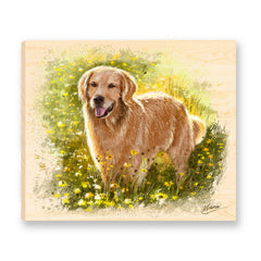 This splendid watercolor-style painting is of a Golden Retriever standing in a sun-dappled meadow. Printed on a solid piece of 14x12x1" Mountain Pine, the original painting is reproduced as a beautiful ready-to-hang work of fine art.