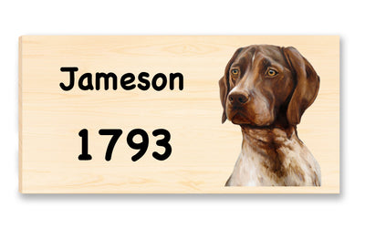 House Sign featuring a German Shorthair Pointer "oil painting" printed directly onto a 1" thick piece of solid Mountain Pine - just customize with your name and address, and celebrate your dog!