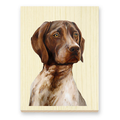 German Shorthair Pointer reproduction of artist Zann Hemphill's original oil painting portrait, printed directly onto a solid piece of 1" Mountain Pine, and ready to hang - now available from Rascals Sporting Dogs.