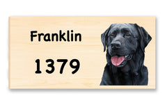 House Sign featuring a Black Labrador Retriever "oil painting" printed directly onto a 1" thick piece of solid Mountain Pine - just customize with your name and address, and celebrate your dog!