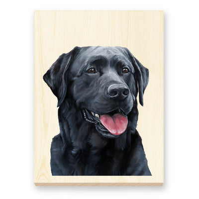 Black Labrador Retriever reproduction of artist Zann Hemphill's original oil painting, printed directly onto a solid piece of 1" Mountain Pine, and ready to hang.