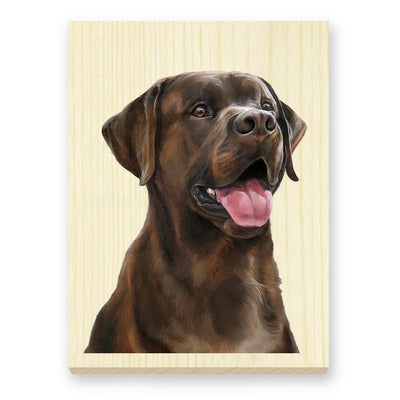 Chocolate Labrador Retriever reproduction of artist Zann Hemphill's original oil painting, printed directly onto a solid piece of 1" Mountain Pine, and ready to hang.