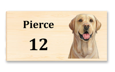 House Sign featuring a Yellow Labrador Retriever "oil painting" printed directly onto a 1" thick piece of solid Mountain Pine - just customize with your name and address, and celebrate your dog!