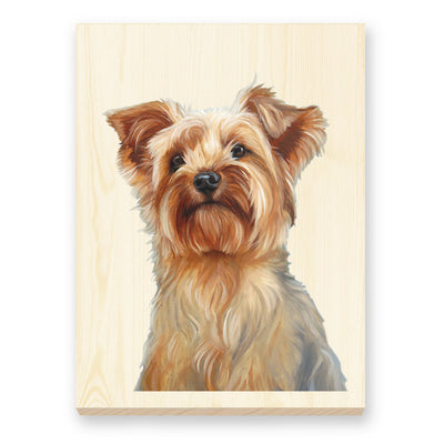 Yorkshire Terrier reproduction of artist Zann Hemphill's original oil painting, printed directly onto a solid piece of 1" Mountain Pine, and ready to hang.